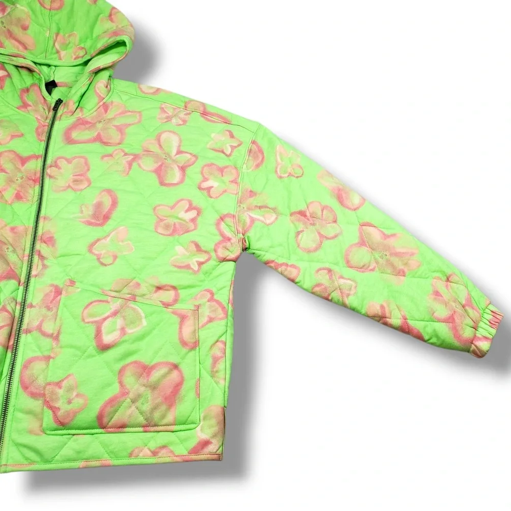 Wild Fable Quilted Hooded Bomber Jacket Womens L‎ Green Pink Floral Art to Wear